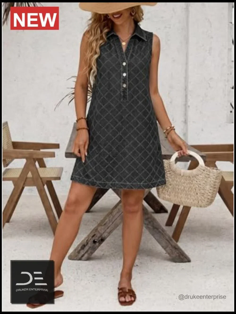 Sleeveless V Neck Button Mini Denim Dress with Pockets